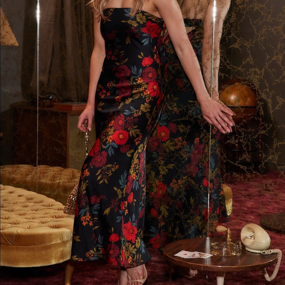 12th Tribe Natalia Black Floral Strapless Maxi Dress